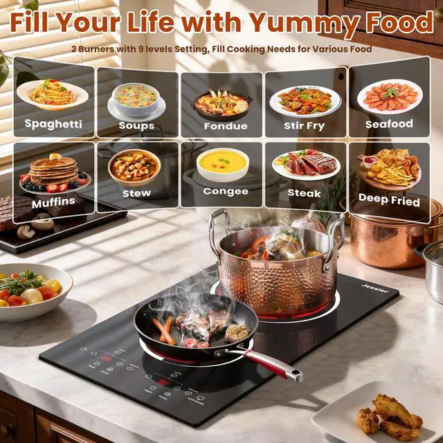 Alt view image 7 of 7 - 2 Burner Electric Cooktop 110V Plug in, Small Stove 2000W | 12 Inch Two Burner Countertop & Built-in Electric Stove Top, Timer, Safety Lock, Keep Warm, Portable Sensor Touch Control