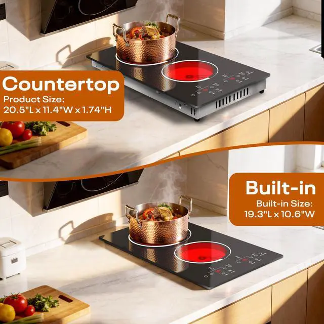 Alt view image 4 of 7 - 2 Burner Electric Cooktop 110V Plug in, Small Stove 2000W | 12 Inch Two Burner Countertop & Built-in Electric Stove Top, Timer, Safety Lock, Keep Warm, Portable Sensor Touch Control