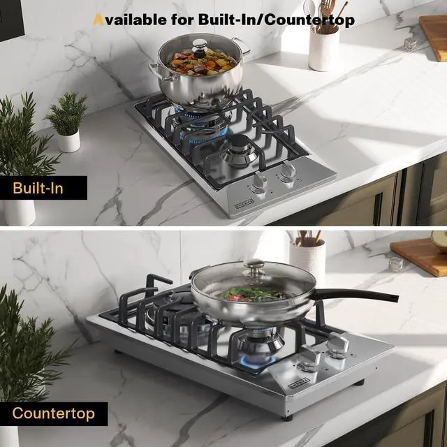 Alt view image 3 of 6 - 12-Inch Gas Cooktop, 2 SABAF Burners, NG LPG Stainless Steel Stove | NG/LPG dual fuel convertible, 2 Italian SABAF burners, thermocouple auto shut-off, dishwasher-safe cast iron grates