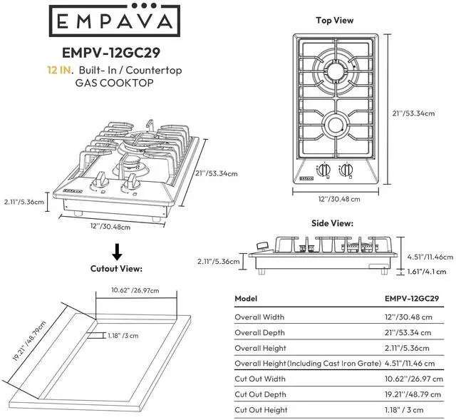 Alt view image 6 of 6 - 12-Inch Gas Cooktop, 2 SABAF Burners, NG LPG Stainless Steel Stove | NG/LPG dual fuel convertible, 2 Italian SABAF burners, thermocouple auto shut-off, dishwasher-safe cast iron grates