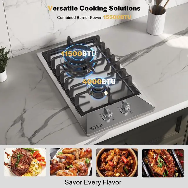 Alt view image 5 of 6 - 12-Inch Gas Cooktop, 2 SABAF Burners, NG LPG Stainless Steel Stove | NG/LPG dual fuel convertible, 2 Italian SABAF burners, thermocouple auto shut-off, dishwasher-safe cast iron grates