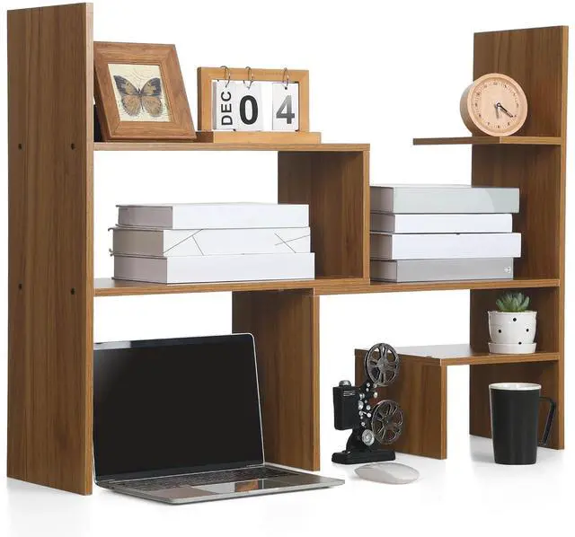 Main image of Expandable Dorm Desk Dutch Adjustable Desktop Bookshelf Wooden Desktop Storage Organizer Bookcase Cubby Book Rack for College Dorm Home Office Furniture(Brown)