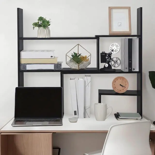 Alt view image 7 of 7 - Expandable Dorm Desk Dutch Adjustable Desktop Bookshelf Wooden Desktop Storage Organizer Bookcase Cubby Book Rack for College Dorm Home Office Furniture (Black)