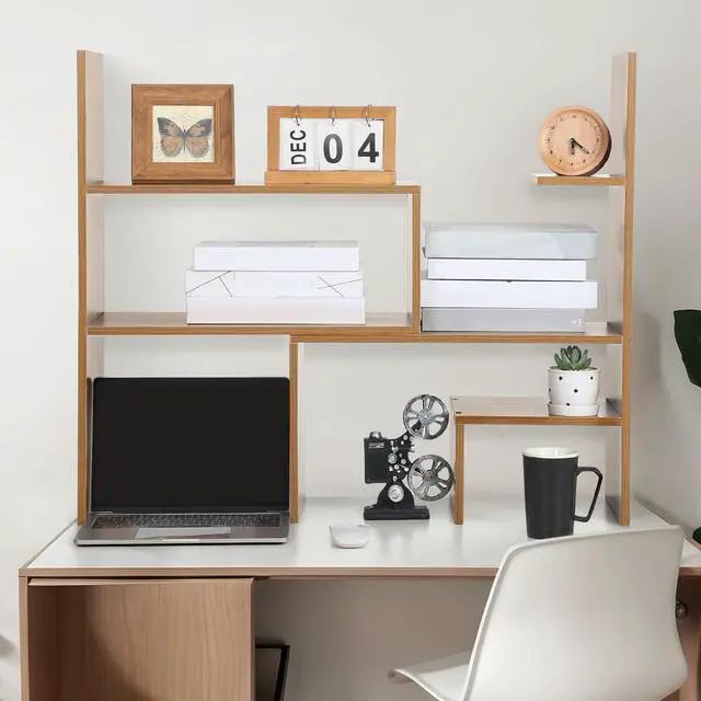 Alt view image 2 of 6 - Expandable Dorm Desk Dutch Adjustable Desktop Bookshelf Wooden Desktop Storage Organizer Bookcase Cubby Book Rack for College Dorm Home Office Furniture(Brown)