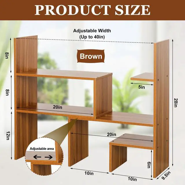 Alt view image 3 of 6 - Expandable Dorm Desk Dutch Adjustable Desktop Bookshelf Wooden Desktop Storage Organizer Bookcase Cubby Book Rack for College Dorm Home Office Furniture(Brown)