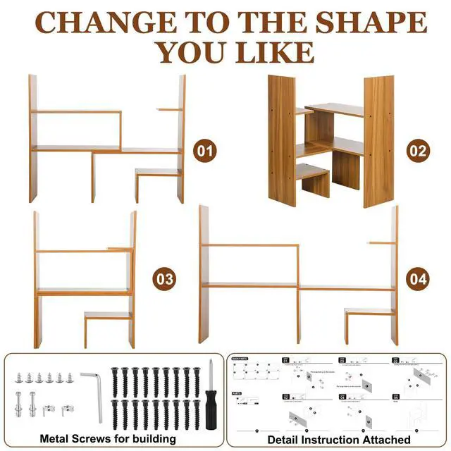 Alt view image 4 of 6 - Expandable Dorm Desk Dutch Adjustable Desktop Bookshelf Wooden Desktop Storage Organizer Bookcase Cubby Book Rack for College Dorm Home Office Furniture(Brown)