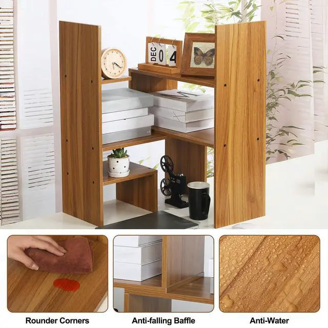 Alt view image 5 of 6 - Expandable Dorm Desk Dutch Adjustable Desktop Bookshelf Wooden Desktop Storage Organizer Bookcase Cubby Book Rack for College Dorm Home Office Furniture(Brown)