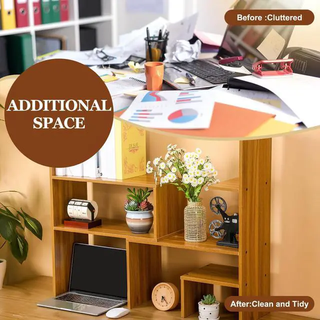 Alt view image 6 of 6 - Expandable Dorm Desk Dutch Adjustable Desktop Bookshelf Wooden Desktop Storage Organizer Bookcase Cubby Book Rack for College Dorm Home Office Furniture(Brown)