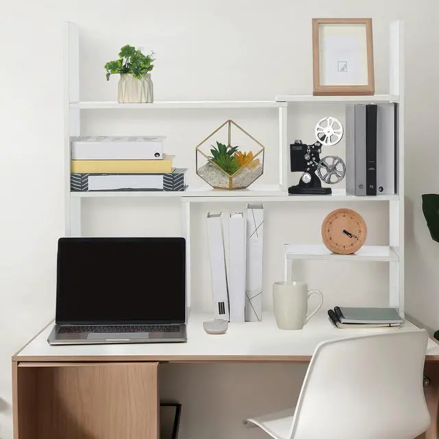 Alt view image 2 of 6 - Expandable Dorm Desk Dutch Adjustable Desktop Bookshelf Wooden Desktop Storage Organizer Bookcase Cubby Book Rack for College Dorm Home Office Furniture(White)