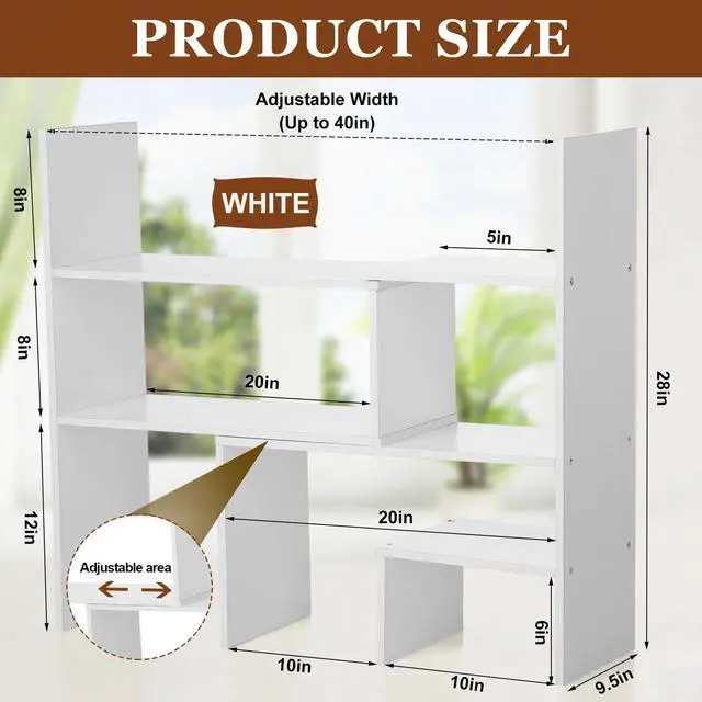 Alt view image 3 of 6 - Expandable Dorm Desk Dutch Adjustable Desktop Bookshelf Wooden Desktop Storage Organizer Bookcase Cubby Book Rack for College Dorm Home Office Furniture(White)