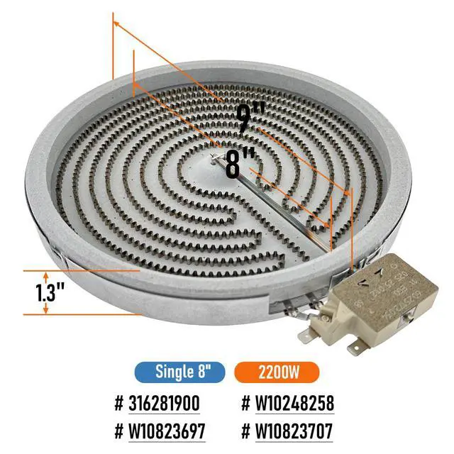Alt view image 3 of 5 - W10823697, W10823707 Range Cooktop 8" Radiant Surface Element Burner 2200watt OEM Replacement Parts, Replaces 316281900, W10248258, 318198834, 903118-9010