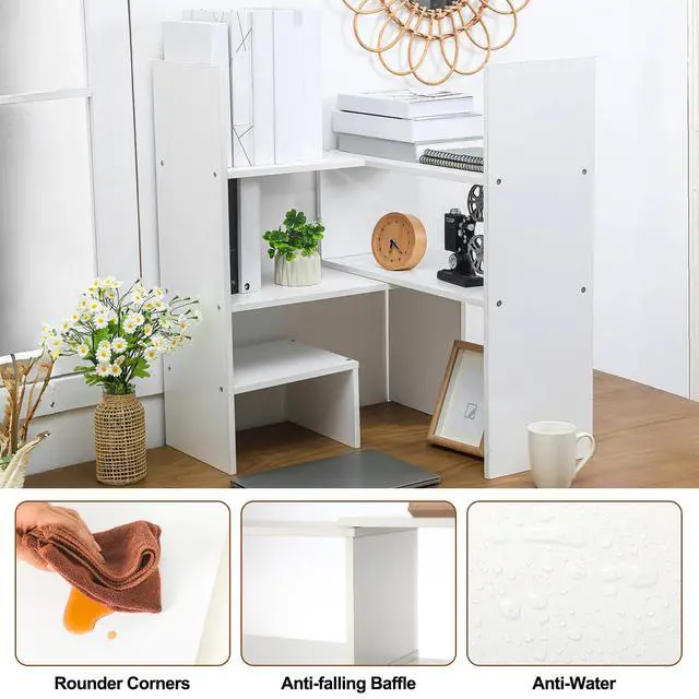 Alt view image 5 of 6 - Expandable Dorm Desk Dutch Adjustable Desktop Bookshelf Wooden Desktop Storage Organizer Bookcase Cubby Book Rack for College Dorm Home Office Furniture(White)
