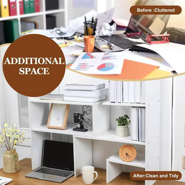 Alt view image 6 of 6 - Expandable Dorm Desk Dutch Adjustable Desktop Bookshelf Wooden Desktop Storage Organizer Bookcase Cubby Book Rack for College Dorm Home Office Furniture(White)