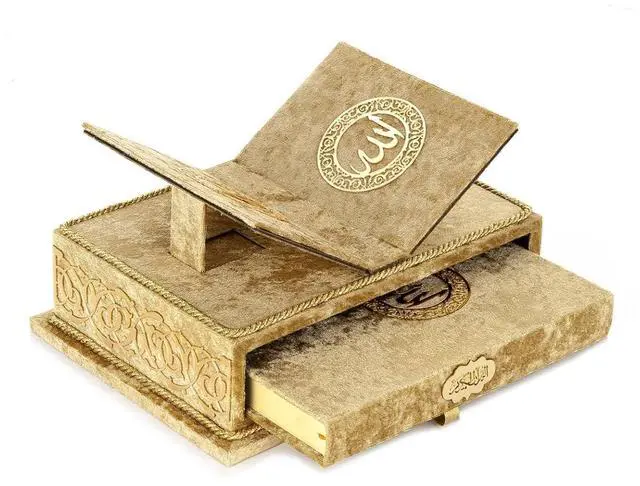 Main image of The Holy Arabic Quran Gift Set, Book Stand Holder, Desktop Quran Holder, Rehal, Velvet Covered Chest Rihal, Decorative Islamic Gifts for Muslims, Gold