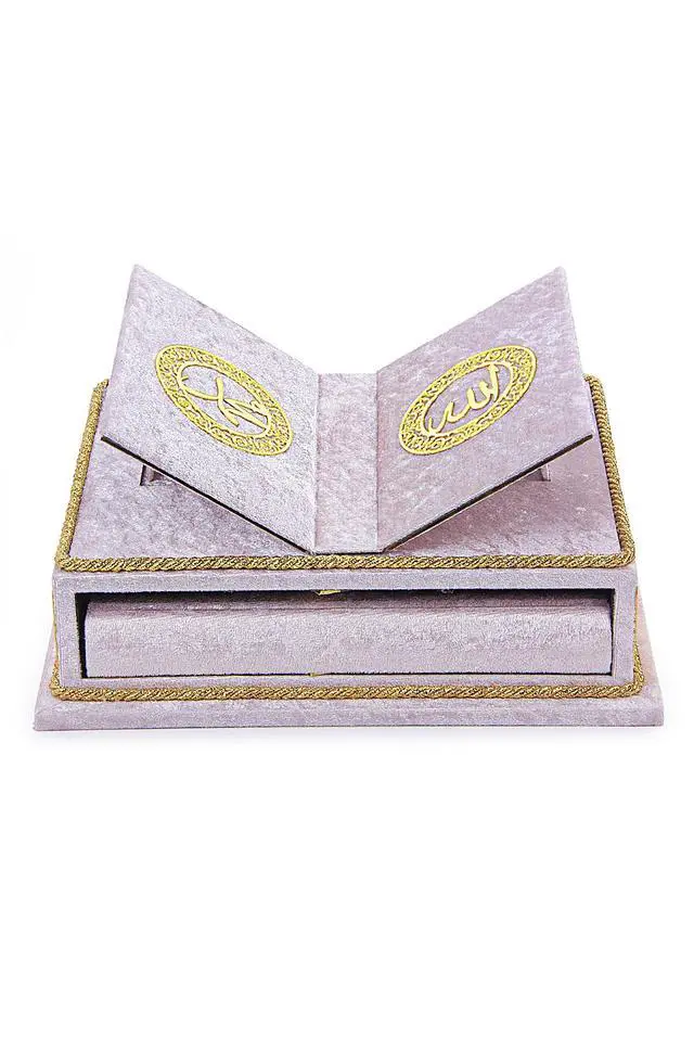Alt view image 3 of 7 - The Holy Arabic Quran Gift Set, Book Stand Holder, Desktop Quran Holder, Rehal, Velvet Covered Chest Rihal, Decorative Islamic Gifts for Muslims, Pink
