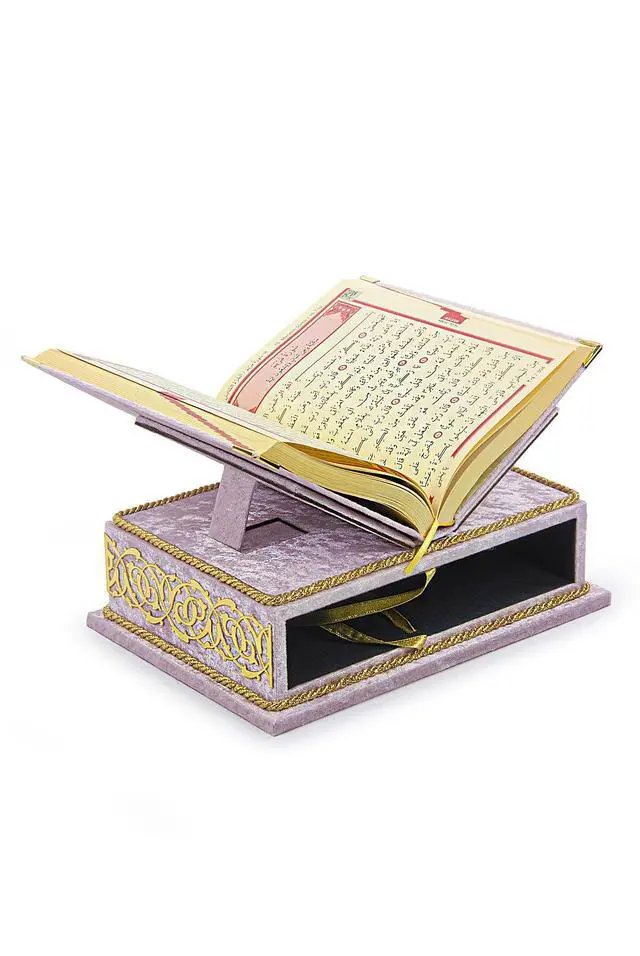 Alt view image 4 of 7 - The Holy Arabic Quran Gift Set, Book Stand Holder, Desktop Quran Holder, Rehal, Velvet Covered Chest Rihal, Decorative Islamic Gifts for Muslims, Pink