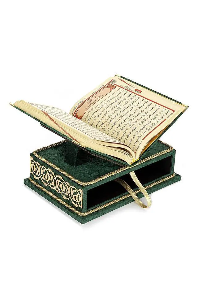 Alt view image 5 of 5 - The Holy Arabic Quran Gift Set, Book Stand Holder, Desktop Quran Holder, Rehal, Velvet Covered Chest Rihal, Decorative Islamic Gifts for Muslims, Green