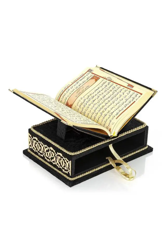 Alt view image 5 of 7 - The Holy Arabic Quran Gift Set, Book Stand Holder, Desktop Quran Holder, Rehal, Velvet Covered Chest Rihal, Decorative Islamic Gifts for Muslims, Black
