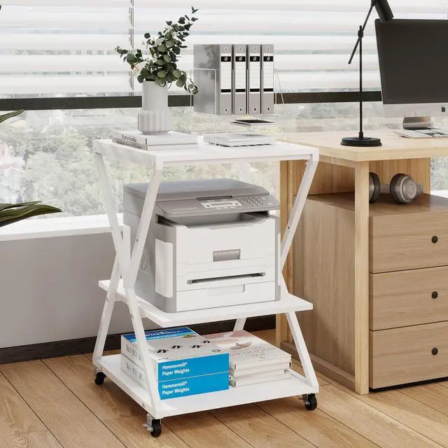 Alt view image 2 of 7 - 3 Tier Large Printer Table, 19.7"x19.7", Height Adjustable,White | Printer Stand,Rolling Printer Cart with Wheels,Multifunctional Organizer Shelf, Side Table for Home Office Kitchen