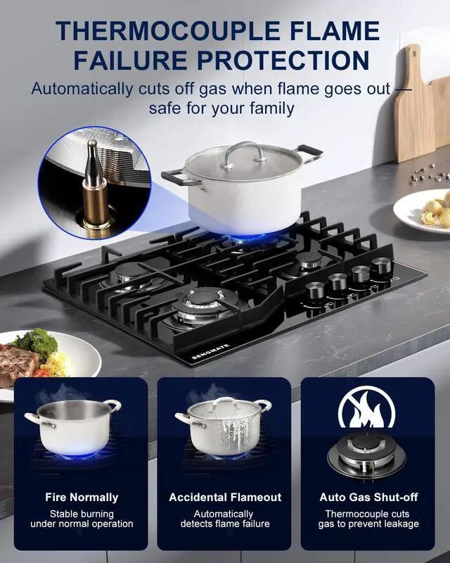 Alt view image 7 of 7 - 24 Inch Gas Cooktop, 4 Burner Gas Stove Top, Built-In or Countertop Design, Black Tempered Glass, NG/LPG Convertible, Flame Failure Protection, Ideal for Home Kitchens, RVs & Compact Spaces