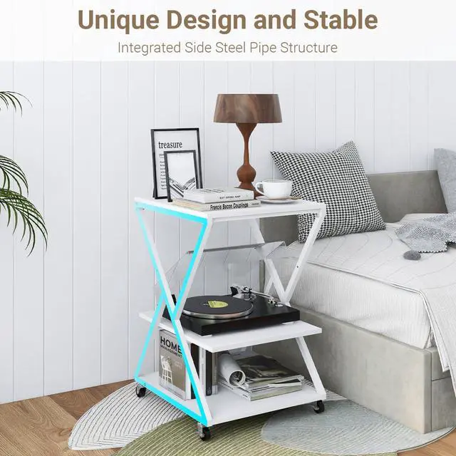 Alt view image 5 of 7 - 3 Tier Large Printer Table, 19.7"x19.7", Height Adjustable,White | Printer Stand,Rolling Printer Cart with Wheels,Multifunctional Organizer Shelf, Side Table for Home Office Kitchen