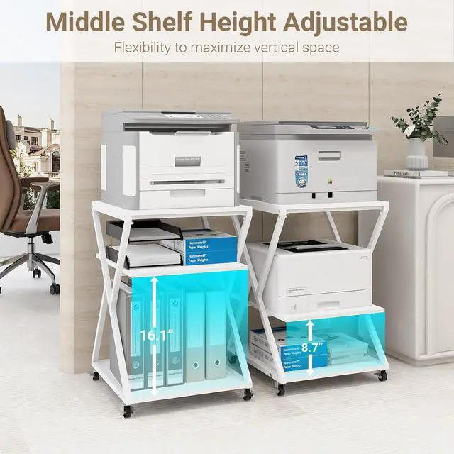 Alt view image 4 of 7 - 3 Tier Large Printer Table, 19.7"x19.7", Height Adjustable,White | Printer Stand,Rolling Printer Cart with Wheels,Multifunctional Organizer Shelf, Side Table for Home Office Kitchen