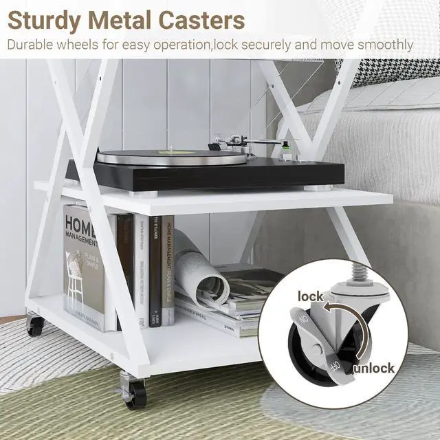 Alt view image 7 of 7 - 3 Tier Large Printer Table, 19.7"x19.7", Height Adjustable,White | Printer Stand,Rolling Printer Cart with Wheels,Multifunctional Organizer Shelf, Side Table for Home Office Kitchen