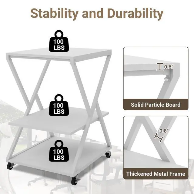 Alt view image 6 of 7 - 3 Tier Large Printer Table, 19.7"x19.7", Height Adjustable,White | Printer Stand,Rolling Printer Cart with Wheels,Multifunctional Organizer Shelf, Side Table for Home Office Kitchen