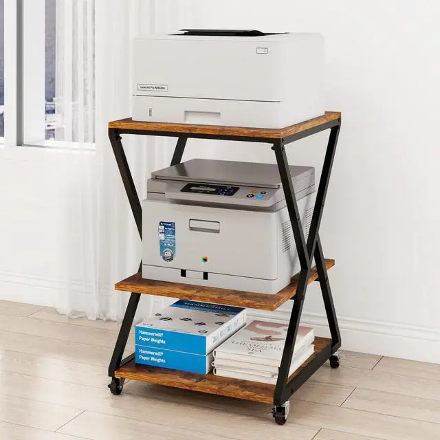 Main image of 3 Tier Large Printer Table,19.7''x19.7'', Height Adjustable,Retro | Printer Stand,Rolling Printer Cart with Wheels,Multifunctional Organizer Shelf, Side Table for Home Office Kitchen