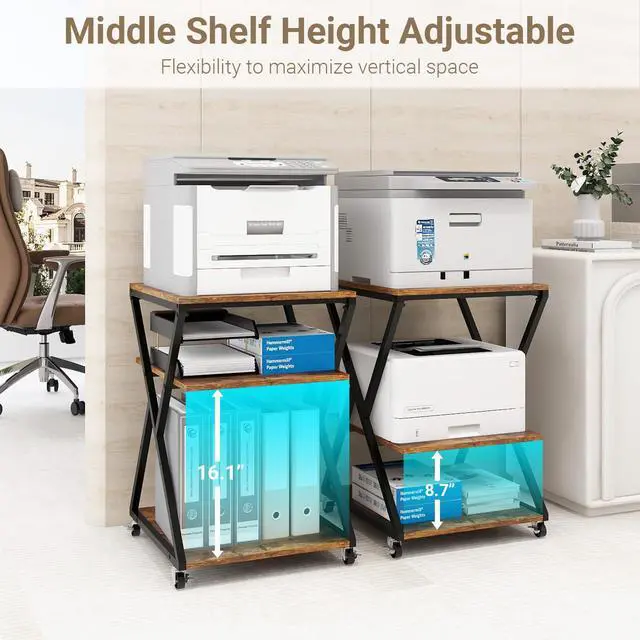 Alt view image 4 of 7 - 3 Tier Large Printer Table,19.7''x19.7'', Height Adjustable,Retro | Printer Stand,Rolling Printer Cart with Wheels,Multifunctional Organizer Shelf, Side Table for Home Office Kitchen