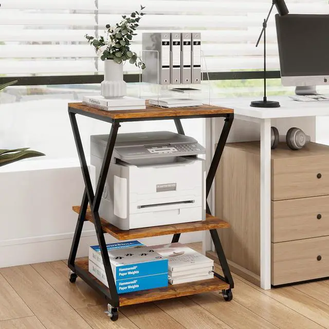 Alt view image 2 of 7 - 3 Tier Large Printer Table,19.7''x19.7'', Height Adjustable,Retro | Printer Stand,Rolling Printer Cart with Wheels,Multifunctional Organizer Shelf, Side Table for Home Office Kitchen