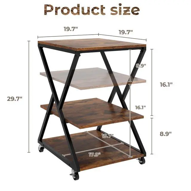 Alt view image 3 of 7 - 3 Tier Large Printer Table,19.7''x19.7'', Height Adjustable,Retro | Printer Stand,Rolling Printer Cart with Wheels,Multifunctional Organizer Shelf, Side Table for Home Office Kitchen