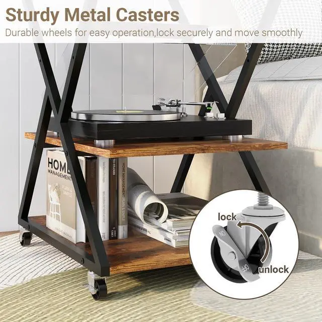 Alt view image 6 of 7 - 3 Tier Large Printer Table,19.7''x19.7'', Height Adjustable,Retro | Printer Stand,Rolling Printer Cart with Wheels,Multifunctional Organizer Shelf, Side Table for Home Office Kitchen