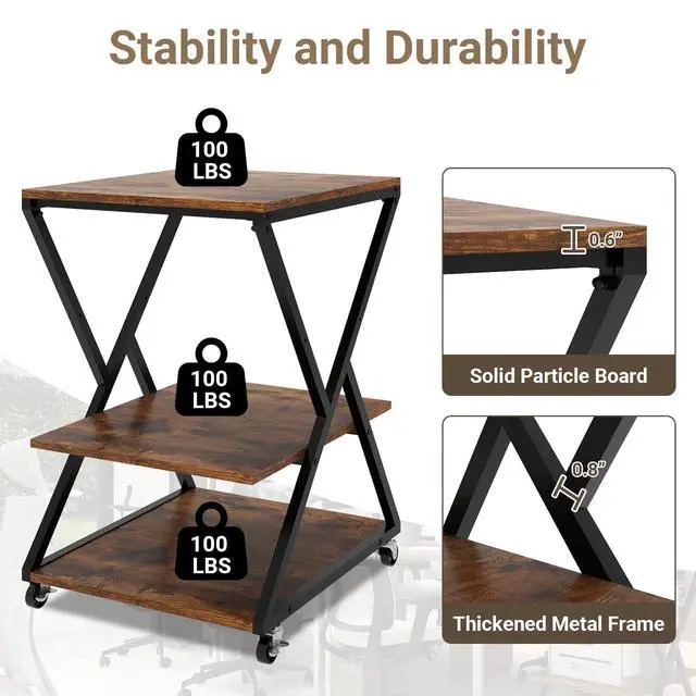 Alt view image 5 of 7 - 3 Tier Large Printer Table,19.7''x19.7'', Height Adjustable,Retro | Printer Stand,Rolling Printer Cart with Wheels,Multifunctional Organizer Shelf, Side Table for Home Office Kitchen