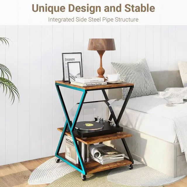 Alt view image 7 of 7 - 3 Tier Large Printer Table,19.7''x19.7'', Height Adjustable,Retro | Printer Stand,Rolling Printer Cart with Wheels,Multifunctional Organizer Shelf, Side Table for Home Office Kitchen