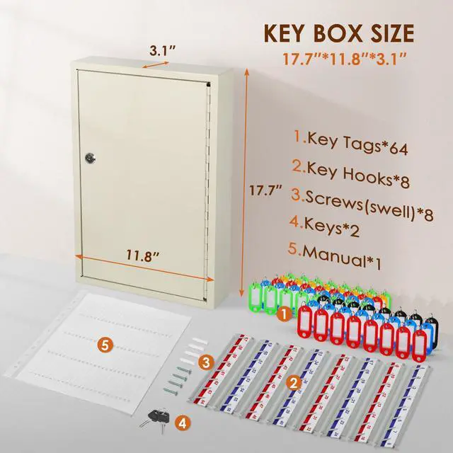 Alt view image 3 of 7 - Wall Mount 64 Position Steel Key Box Cabinet with Tags, White | Steel key cabinet, wall mountable, 64 position capacity, sturdy lock for security, for property managers hotels offices