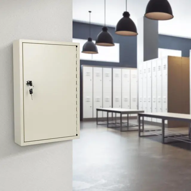 Alt view image 2 of 7 - Wall Mount 64 Position Steel Key Box Cabinet with Tags, White | Steel key cabinet, wall mountable, 64 position capacity, sturdy lock for security, for property managers hotels offices