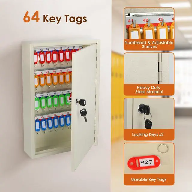 Alt view image 4 of 7 - Wall Mount 64 Position Steel Key Box Cabinet with Tags, White | Steel key cabinet, wall mountable, 64 position capacity, sturdy lock for security, for property managers hotels offices