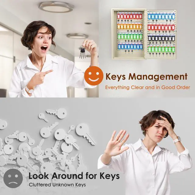 Alt view image 7 of 7 - Wall Mount 64 Position Steel Key Box Cabinet with Tags, White | Steel key cabinet, wall mountable, 64 position capacity, sturdy lock for security, for property managers hotels offices