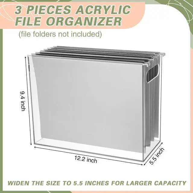 Alt view image 3 of 6 - 3 Pcs Acrylic File Organizer Acrylic Desktop File Box with Handle Hanging Folder Clear Holder Filing Box for Office Home School Letter Size Folder Storage, 12.2 x 5.5 x 9.4 Inch