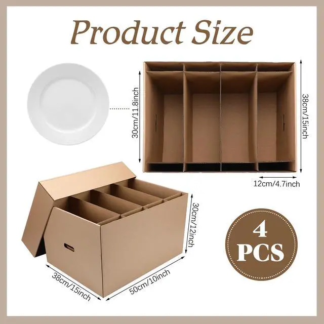 Alt view image 2 of 6 - 4 Pack Large Dish Packing Box with Divider 20 x 15 x 12'' Kitchen Moving Boxes Dish Packing Boxes with Reinforced Handle Packing Supplies with Lid for Moving Dishes and Glassware