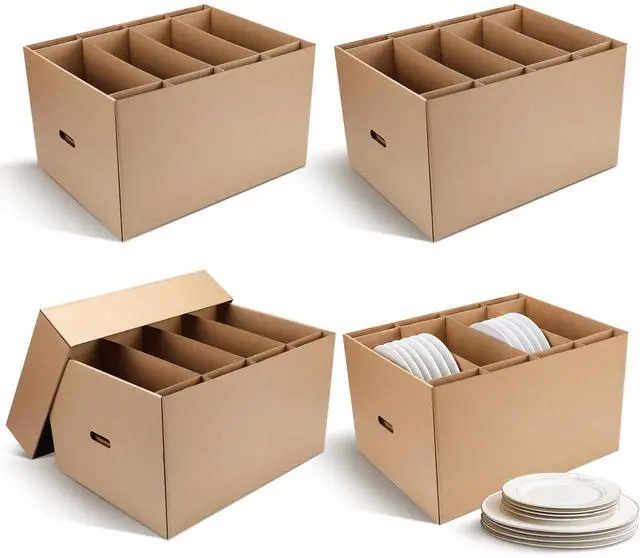 Main image of 4 Pack Large Dish Packing Box with Divider 20 x 15 x 12'' Kitchen Moving Boxes Dish Packing Boxes with Reinforced Handle Packing Supplies with Lid for Moving Dishes and Glassware