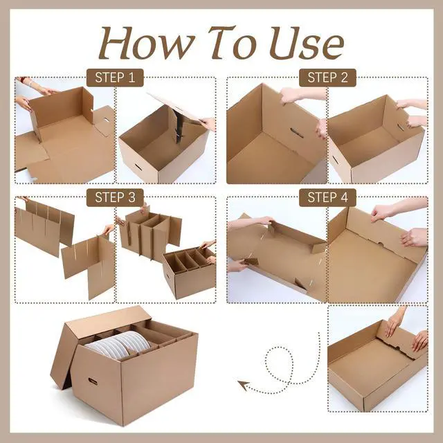 Alt view image 3 of 6 - 4 Pack Large Dish Packing Box with Divider 20 x 15 x 12'' Kitchen Moving Boxes Dish Packing Boxes with Reinforced Handle Packing Supplies with Lid for Moving Dishes and Glassware