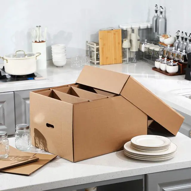 Alt view image 4 of 6 - 4 Pack Large Dish Packing Box with Divider 20 x 15 x 12'' Kitchen Moving Boxes Dish Packing Boxes with Reinforced Handle Packing Supplies with Lid for Moving Dishes and Glassware