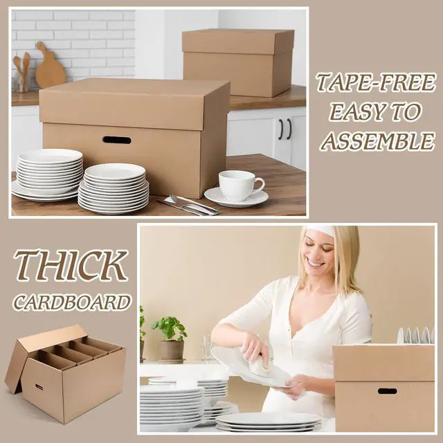 Alt view image 5 of 6 - 4 Pack Large Dish Packing Box with Divider 20 x 15 x 12'' Kitchen Moving Boxes Dish Packing Boxes with Reinforced Handle Packing Supplies with Lid for Moving Dishes and Glassware