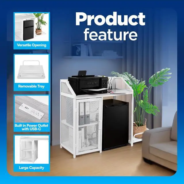 Alt view image 3 of 7 - Printer Stand with Shelving for Storage, USB-C, USB-A, & AC Plugs Space-Saving Open Storage Compartment with Removeable Tray for Paper Shredder/Mini Fridge/Stool for Home or Office