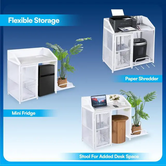 Alt view image 5 of 7 - Printer Stand with Shelving for Storage, USB-C, USB-A, & AC Plugs Space-Saving Open Storage Compartment with Removeable Tray for Paper Shredder/Mini Fridge/Stool for Home or Office