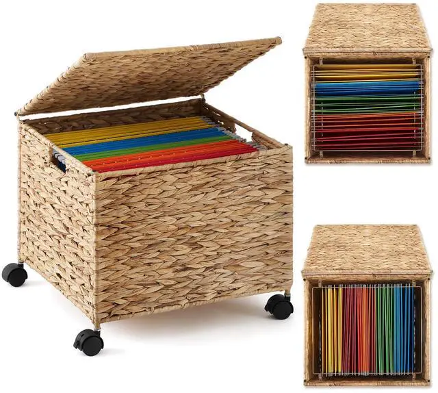 Main image of Rolling Hanging File Box, Water Hyacinth Wicker Basket File Organizer Letter/legal Size Collapsible Woven Hanging Filing Cabinet with Lid and Locking Wheels for Office/home Decor, 17 x 15 x 14 in