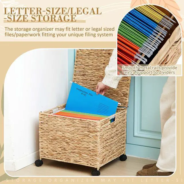 Alt view image 3 of 7 - Rolling Hanging File Box, Water Hyacinth Wicker Basket File Organizer Letter/legal Size Collapsible Woven Hanging Filing Cabinet with Lid and Locking Wheels for Office/home Decor, 17 x 15 x 14 in
