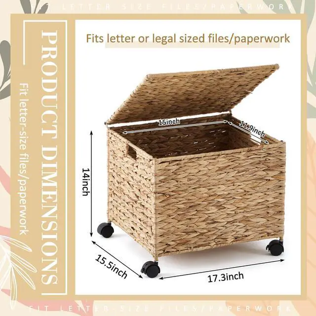 Alt view image 2 of 7 - Rolling Hanging File Box, Water Hyacinth Wicker Basket File Organizer Letter/legal Size Collapsible Woven Hanging Filing Cabinet with Lid and Locking Wheels for Office/home Decor, 17 x 15 x 14 in